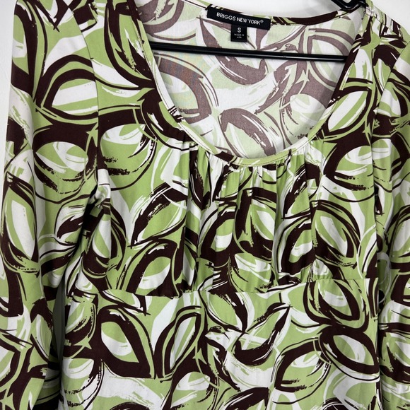 Y2K Womens Abstract Print Top Size S Green Brown White 3/4 Sleeve 90s - Picture 2 of 4